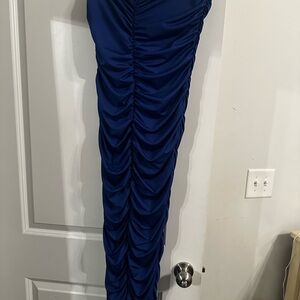 Elegant Blue Ruched Strapless Dress